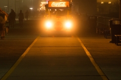 Tram Car coming up the Boardwalk in Wildwood on a foggy evening.